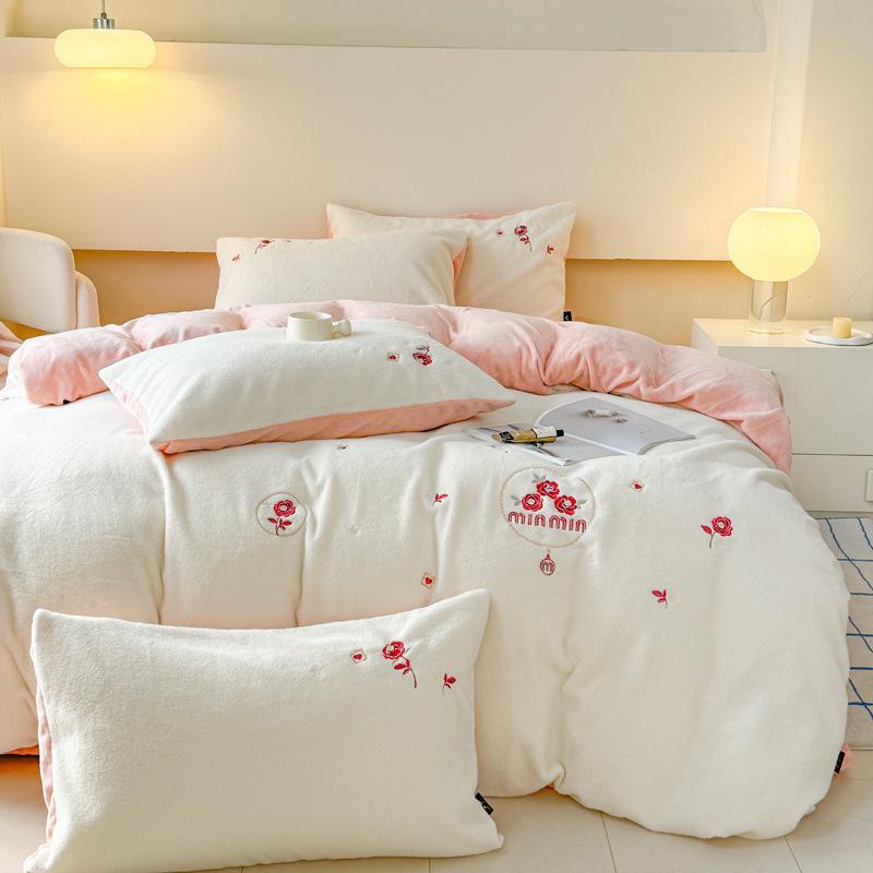Thickened Imitation Cashmere Four-Piece Set Embroidered Milk Fleece Quilt Cover Coral Fleece Bedding Fleece Sheets
