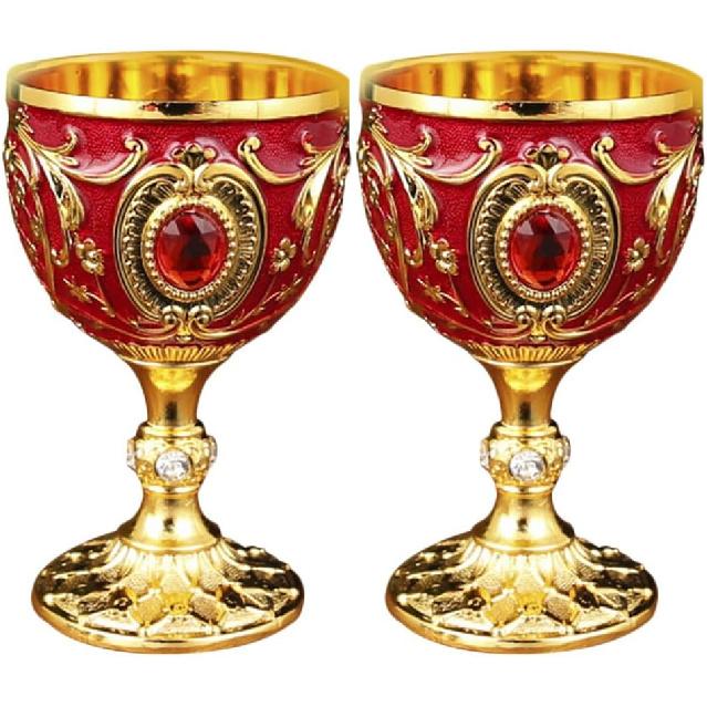 Amosfun 2.7 Inch Retro Goblets Metal Wine Cups Royal Chalices Medieval European Style Embossed Drinking Cups Party Favors 30ml Red