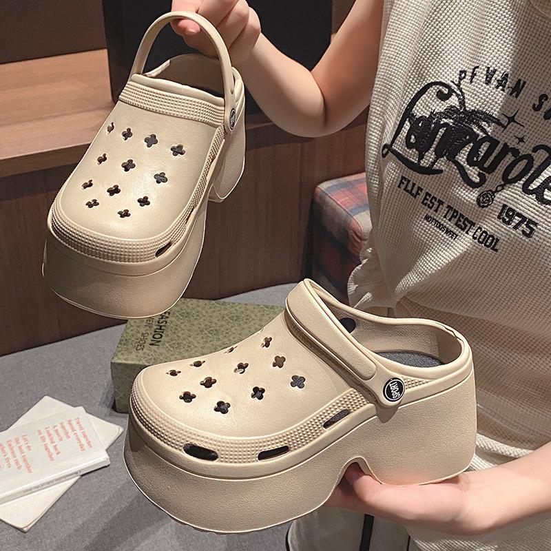 New hole shoes women's summer high heels wear thick soles non-slip beach bag head drag sandals women
