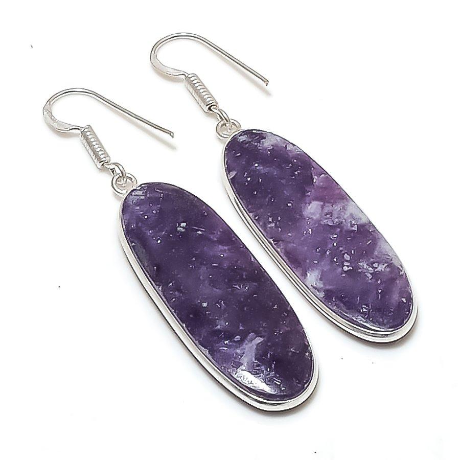 Natural Lepidolite Gemstone Handmade 925 Sterling Silver Earring 2.29" AE-11522