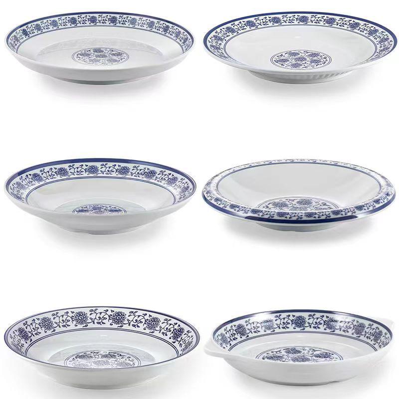 Modrobílý hluboký talíř z melaminu ve stylu porcelánu pro ryby, polévky a komerční použití