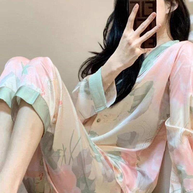 

Женский комплект из двух предметов весна-осень, пижама, кардиган с длинными рукавами, брюки с V-образным вырезом и лацканами, шелковая домашняя одежда, тонкий свободный принт с цветочным принтом L розовый