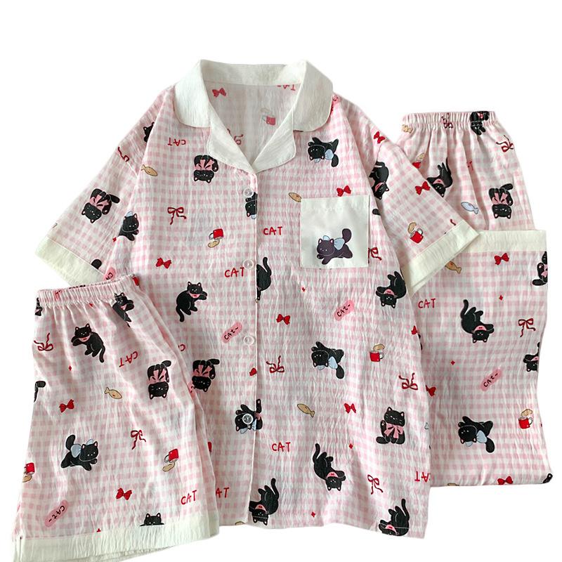 High-Value Cloud Cotton Pajamas Women'S Summer Cute Bow Cat Loungewear Short-Sleeved Three-Piece Set
