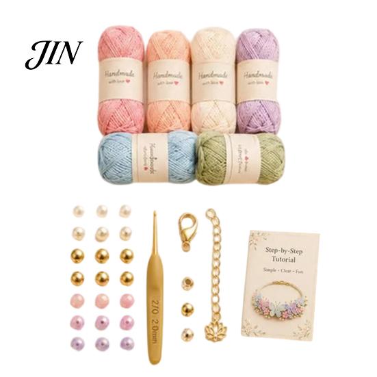 Handmade Bracelet Kit DIY Nature-Inspired Crochet Kit, 3D Animals Plants Hand-Crocheted Jewelry Making Flower Maple Dragonfly Butterfly Set, Gift for