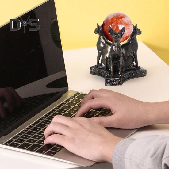 Faux Crystal Ball Display Stand Black Cat Animal Hand Holder Resin Statue Sculpture Home Office Bookshelf Desktop Decoration Ornament