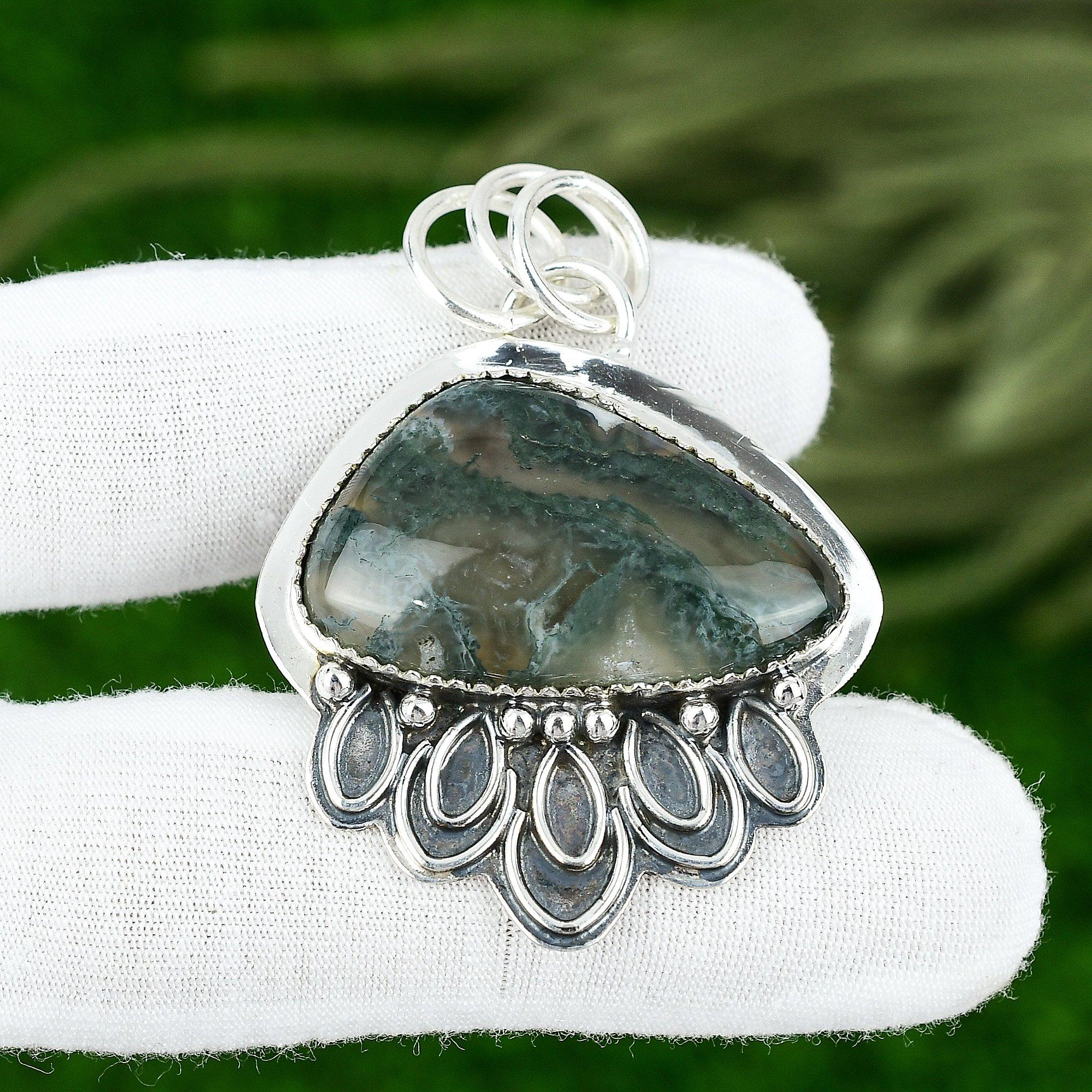 Триллион Солар Моховой Агат Камень Артизан Сестра Безель Новый Кулон Стерлинговое Серебро