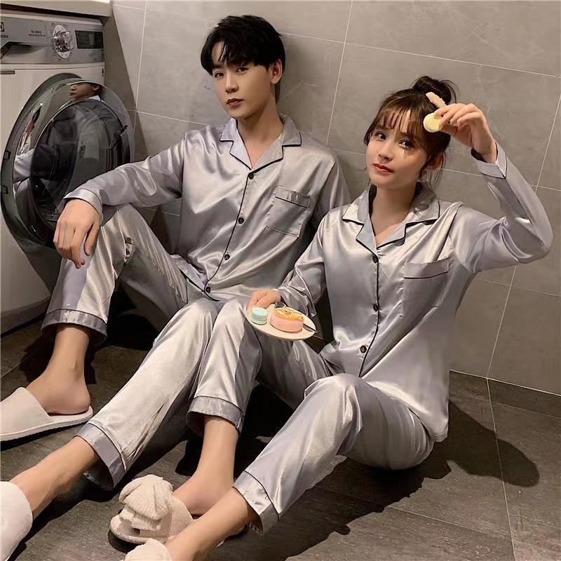 Unisexové korejské pyžamo z imitace hedvábí: Kardiganový set s dlouhým rukávem na jaro a podzim