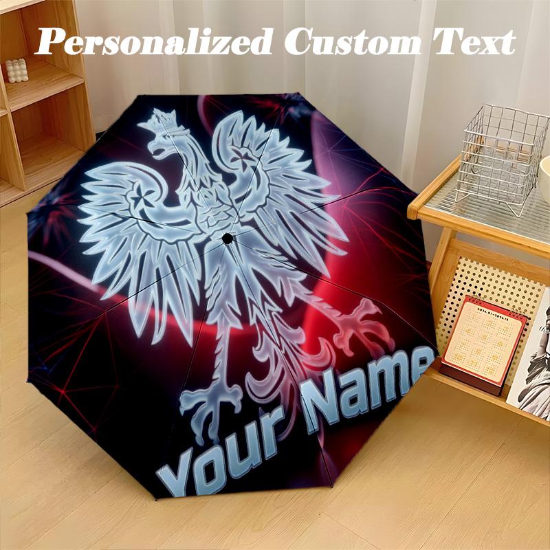 8 Rib Auto Folding Umbrella Poland Football Print Custom Name Text Portable Rain Gear