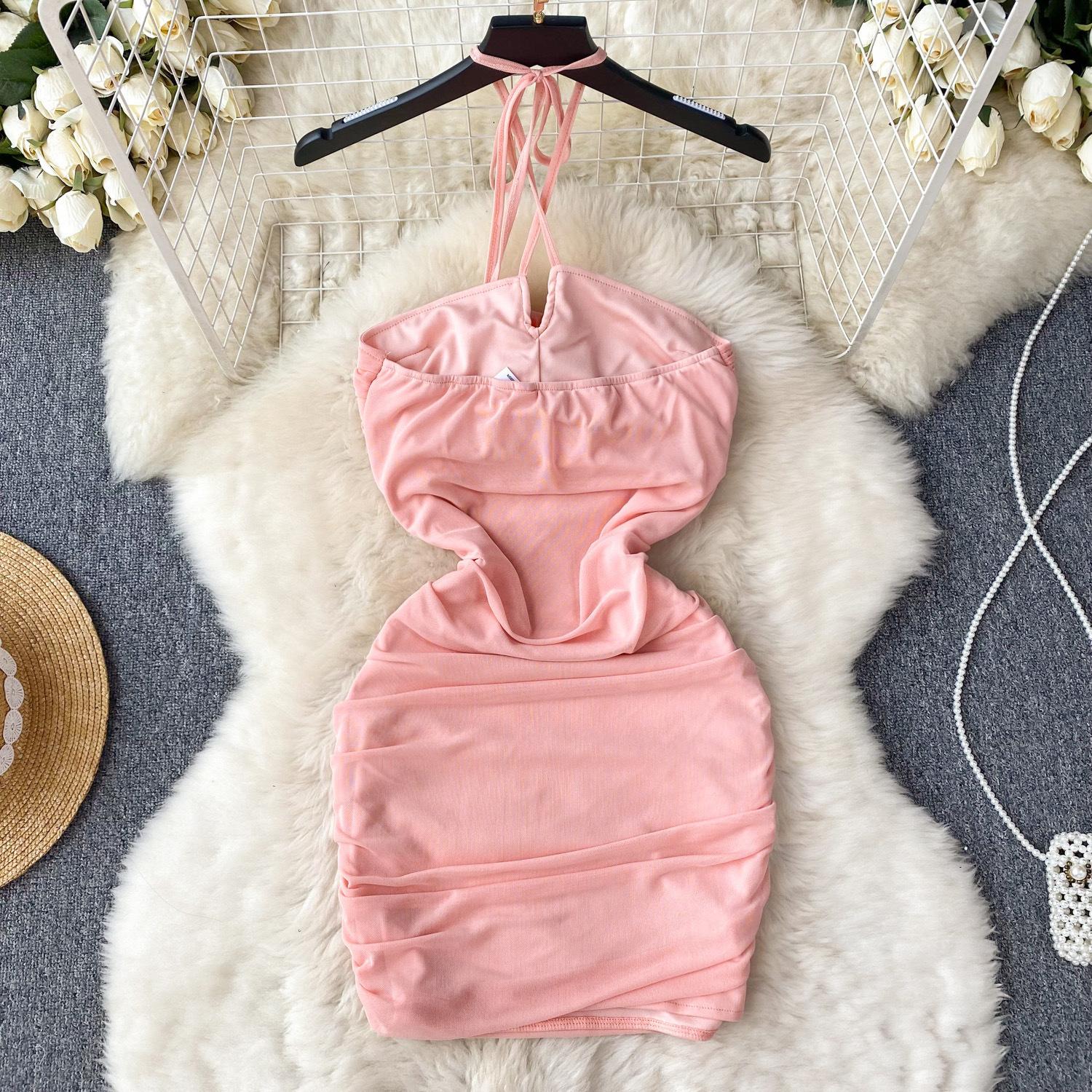 

Плиссированное мини-платье без бретелек с воротником-халтером, женское сексуальное элегантное вечернее платье с открытыми плечами, женское корейское модное винтажное клубное платье L розовый