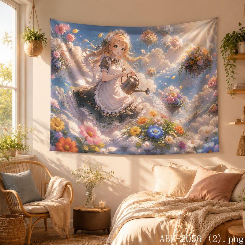 Moon Floral Anime Girl Aesthetic Tapestry Dreamy Starry Sky Cartoon Wall Hanging Teen Dorm Bedroom Otaku Home Wall Decor