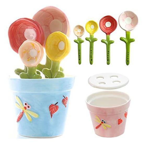 4Pcs Flower Measuring Spoons Set, Ceramic Nesting Measuring Cups with Stand, Cute Kitchen Baking Tool for Coffee Tea, Gift for Bakers
