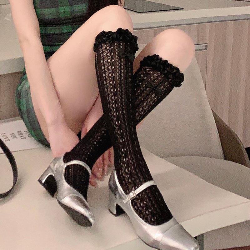 Women Elegant Loose Mesh Over the Calf Sock Aesthetic Dots Sheer Lace Middle Tube Socks