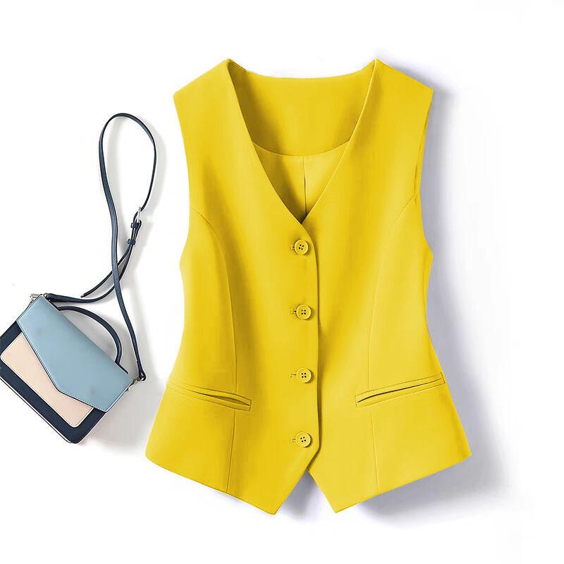 2025 Spring Elegant Collarless Single-Breasted Polyester Cardigan Vest with Pockets for Women - Commuter Style