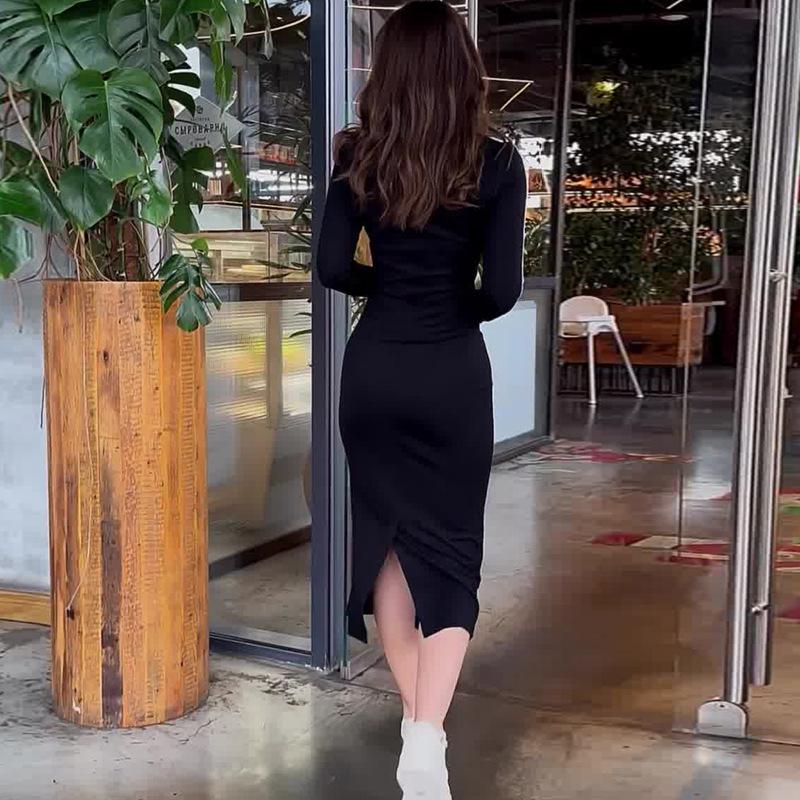 European & American Women's V-neck Long Sleeve Bodycon Dress - Comfortable, Casual, Slimming