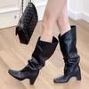 Mode High Boots für Damen Hohe Absätze Eckige Zehenpartie Wildleder Kniehoch Designer Schuhe 2025 Mode Winter Pumps Chunky Chelsea Botas Mujer