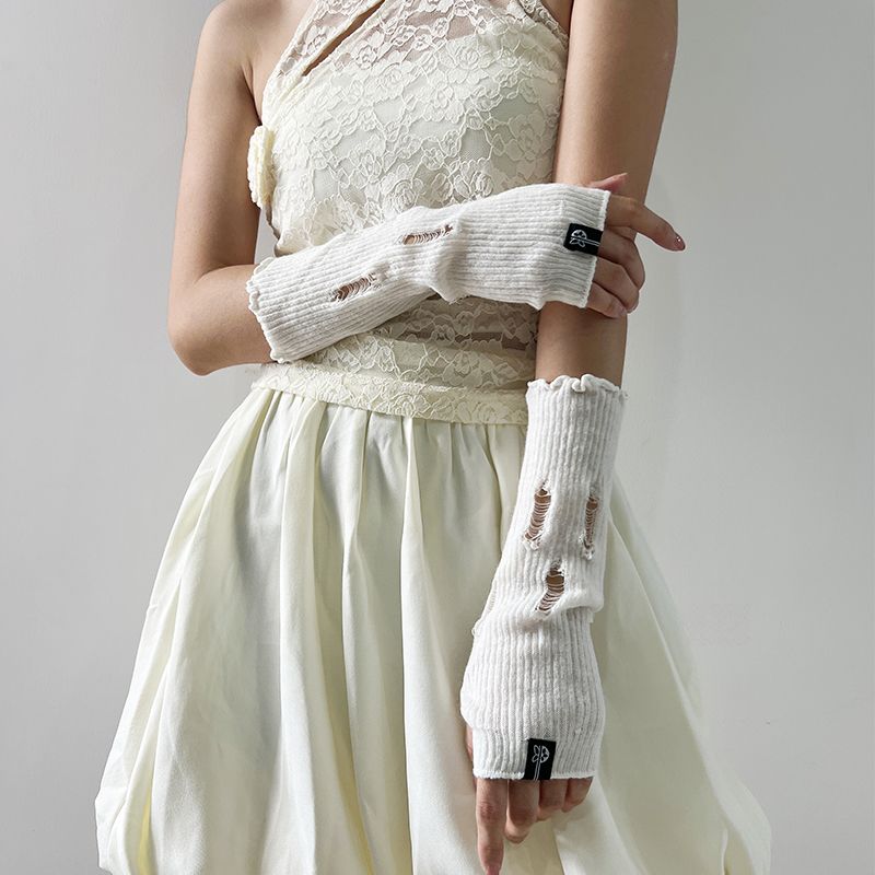 

Xia Nuo Xiucai Subculture Gloves Women Sun Protection Oversleeve Fake Sleeve Y2g Wear Summer Gyaru Ripped Wind Arm Sleeve White-ripped vertical cloth label All yards