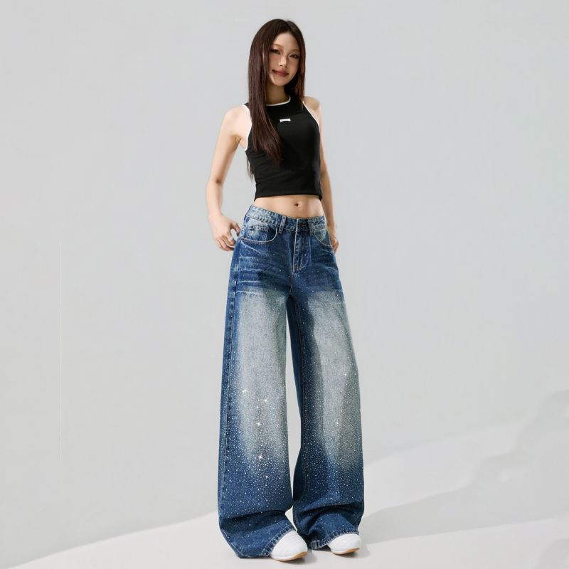 Spring Summer Shiny Rhinestone Low Waist Cat Whisker Detail Relaxed Wide Leg Slim Trendy Denim Pants Ladies Casual Pants Oversize Denim Trousers