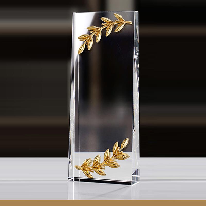 Metal Golden Leaf Shaped Transparent Crystal Trophy, Customized Lettering Color Printing Award, Home Desk Decoration, 1Pc