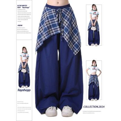 Spodnie casualowe damskie jesień amerykańskie high street retro spódnica w kratę design poczucie luźnych prostych spodni