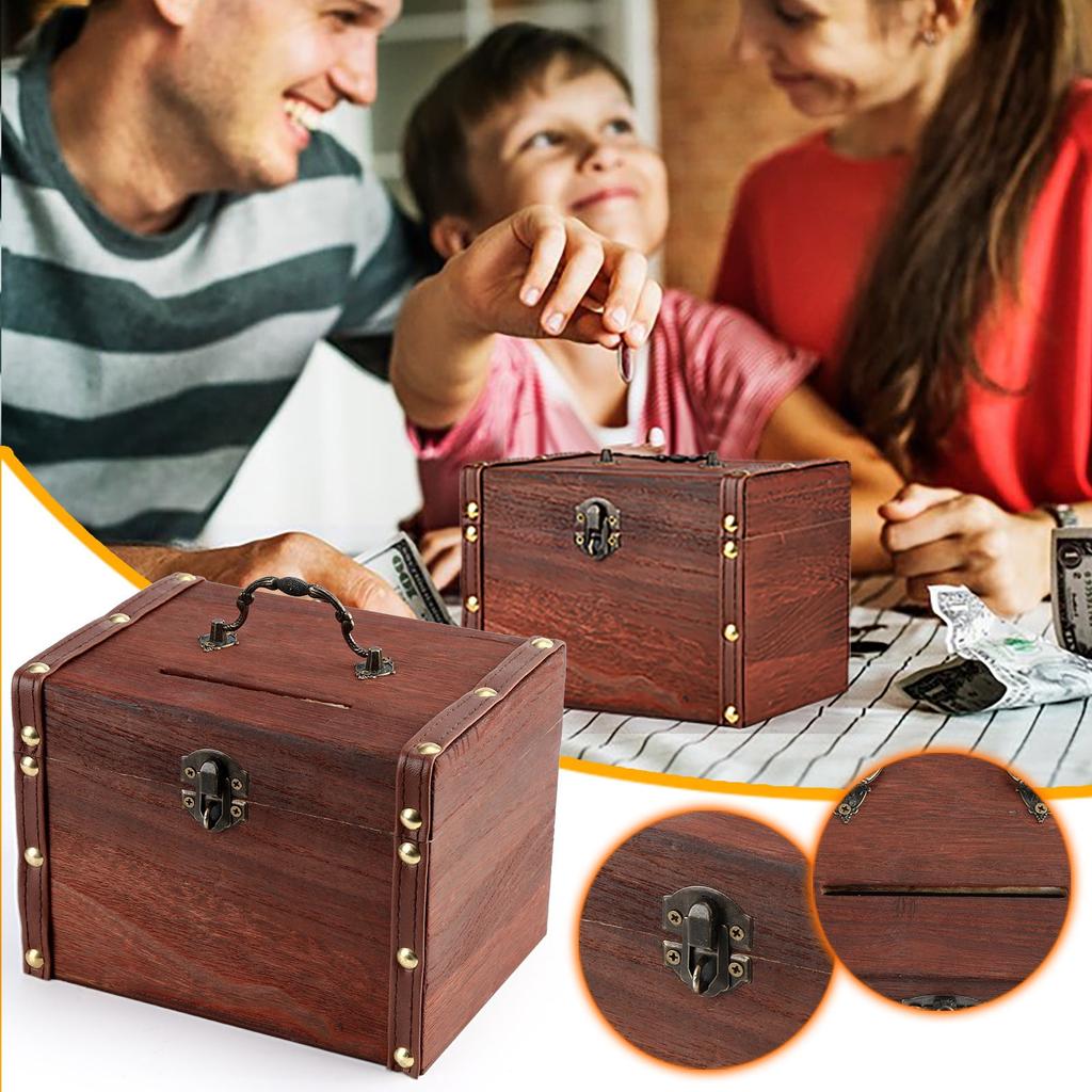 Wooden Large Ty Piggy Bank Ren Adult Universal Savings Box with Lock Cash Box
