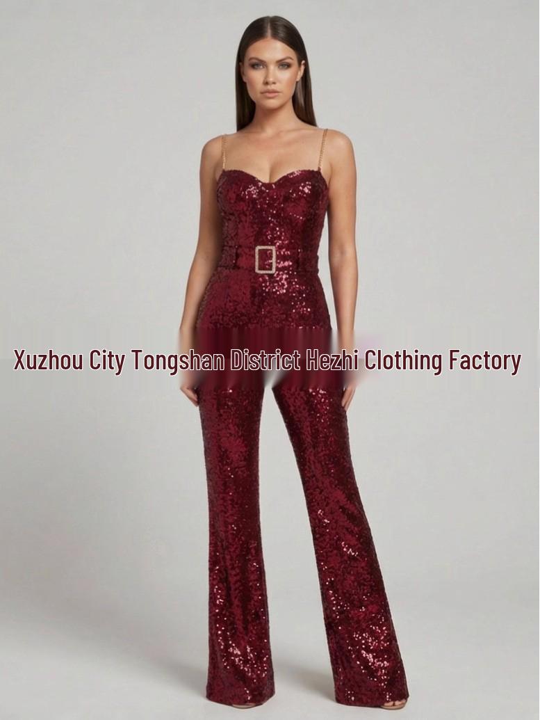 2025 Mode Pailletten Kette Taillengürtel Schlankmachender Jumpsuit Small wein rot