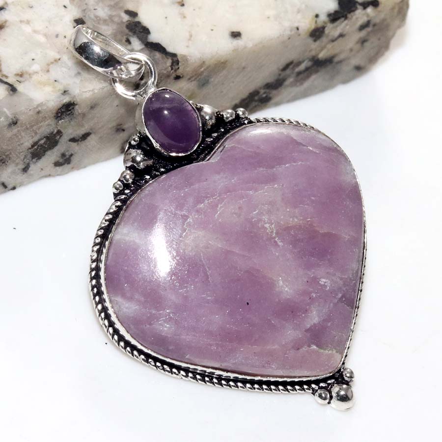 Exclusive Heart Kunzite Natural Amethyst 925 Silver Plated Pendant 2.2" t3h49