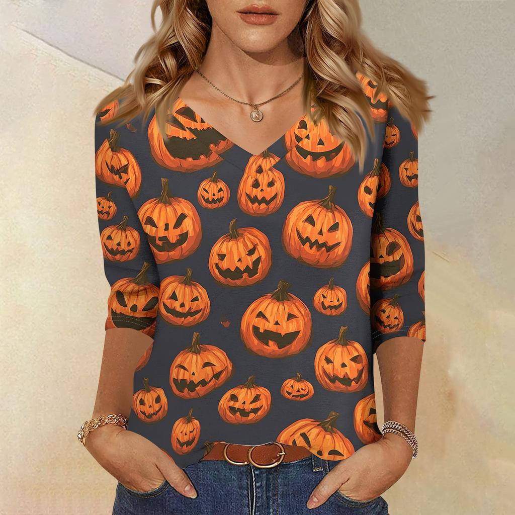 Women's Casual Halloween Print V Neck Three Quarter Sleeve Top Lightweight Soft Fabric Comfortable Fit Stylish Fall Shirt