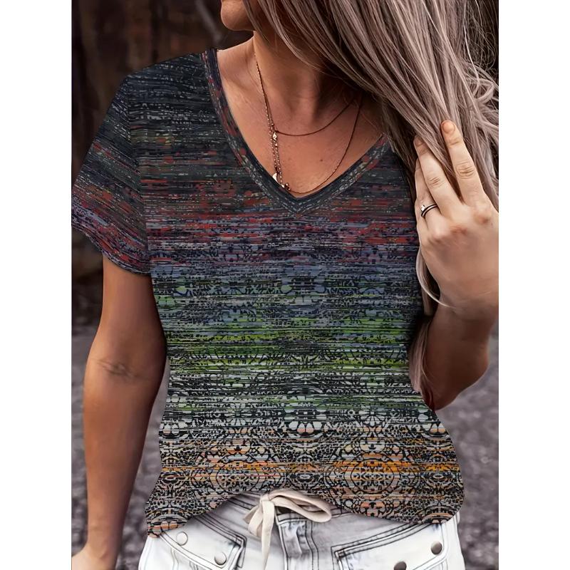 Fashion Women's V-Neck T-Shirt Summer Outdoor Street Trend Short Sleeve Tops Floral Printed Patterns OverSize Loose  Clothing