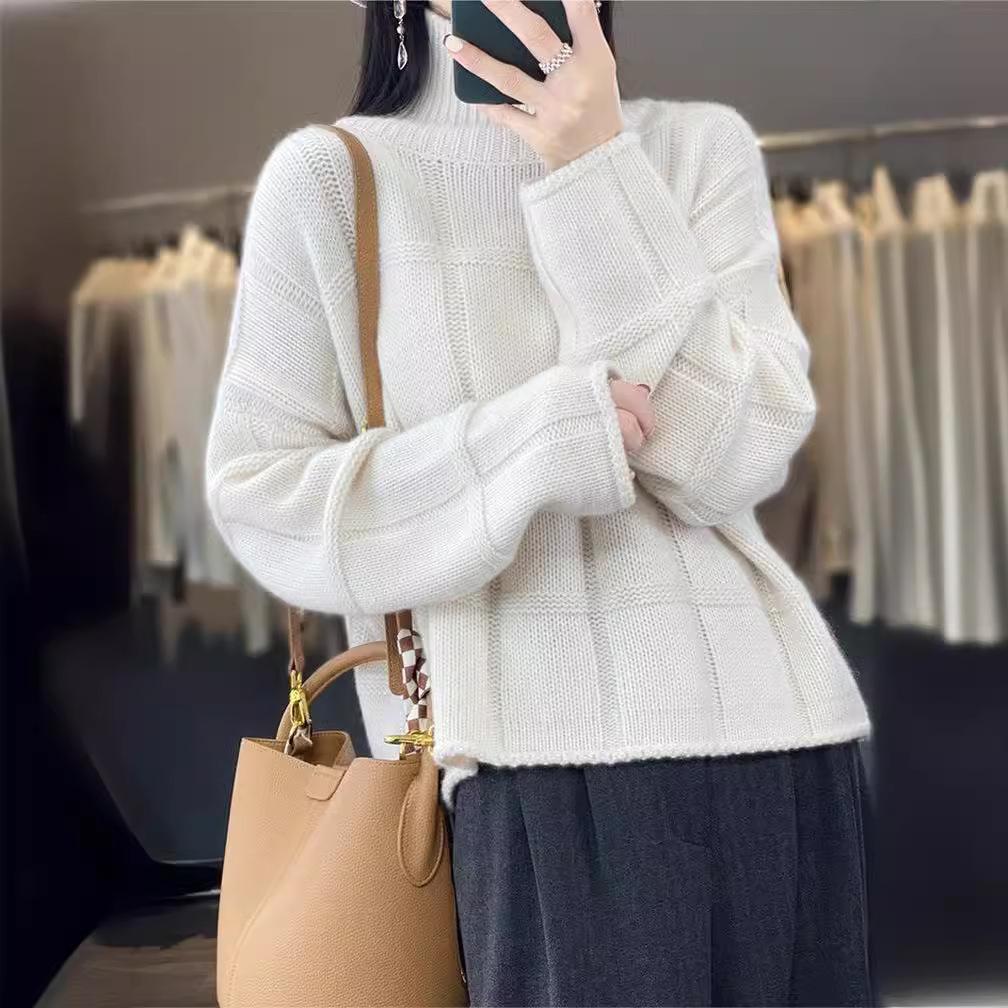 Retro versatile plaid turtleneck sweater women's loose pullover long-sleeved top autumn and winter outer wear fashionable and simple style