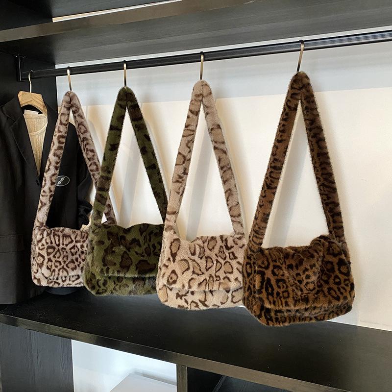 Leopard Print Women's Plush Shoulder Bags Faux Fur Cover Crossbody Bag Winter Large Capacity Female Furry Tote Messenger Bag