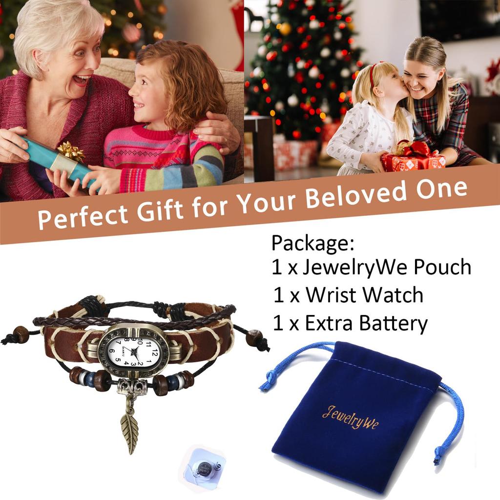 Antike Leder-Analoguhr mit Gebetsperlen und Blatt geflochtenem Leder Quadratisch Lässig Perfekt für oder als Geschenk für Sie Damen Multi-Wrap Armband,