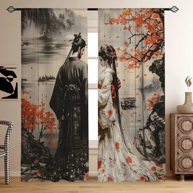 

Japanese samurai printed curtains, pole bag curtains, 42*84, bedroom and living room, home decoration, room decoration 14Wx39L(35x100CM)x2&Rod Pocket