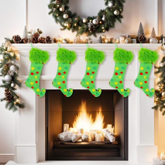 Green Christmas Stockings Faux Fur Xmas Hanging Treat Bag Candy Pouch Holder Festive Atmosphere Decoration