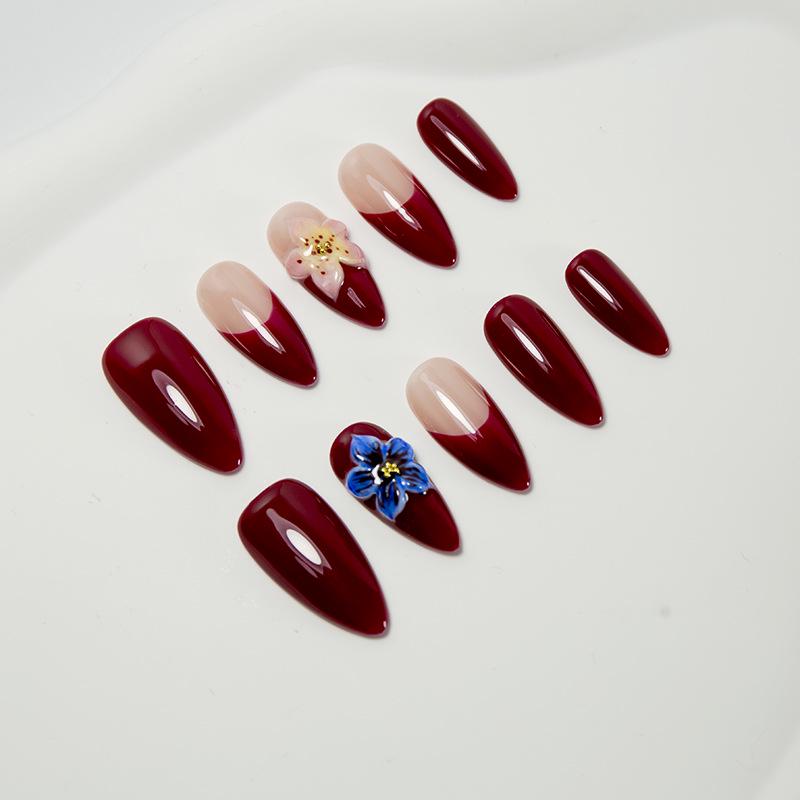 Wine Red 3D Floral Almond Blue False Nails