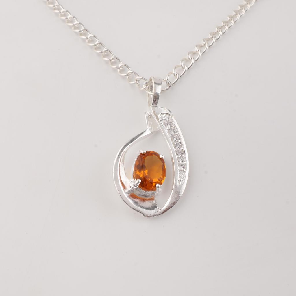 Citrine Gemstone 925 Sterling Silver Women Jewelry Designer Zircon Pendant 1.4" Valentine's Gift For Her CZP-16-6