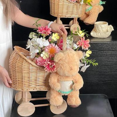 Stroller Shaped Flower Basket Rattan Woven Candy Basket with Handle