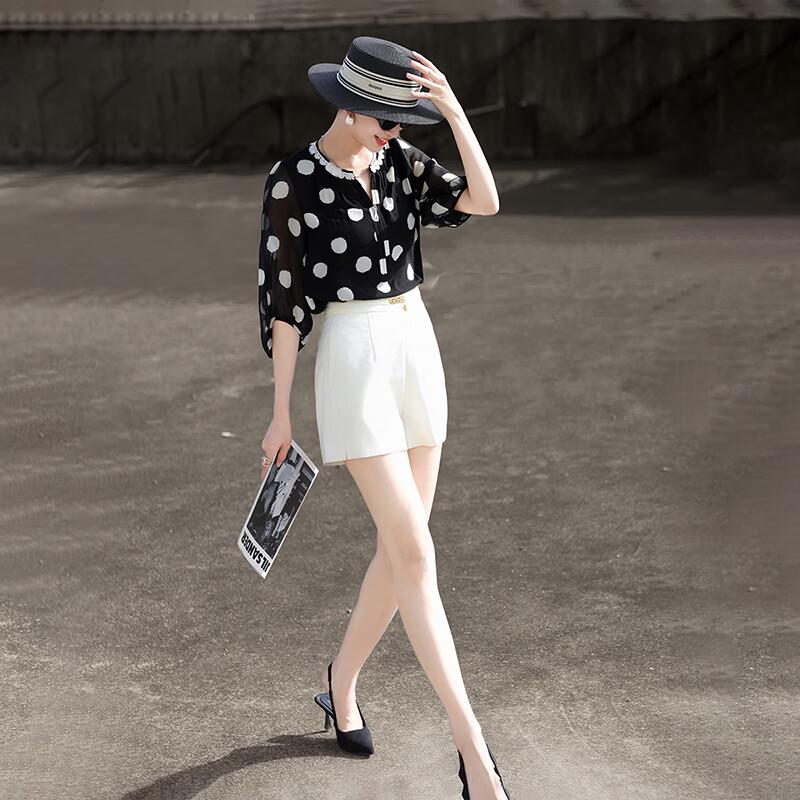 Elegant French Style Polka Dot Three-Quarter Sleeve Blouse