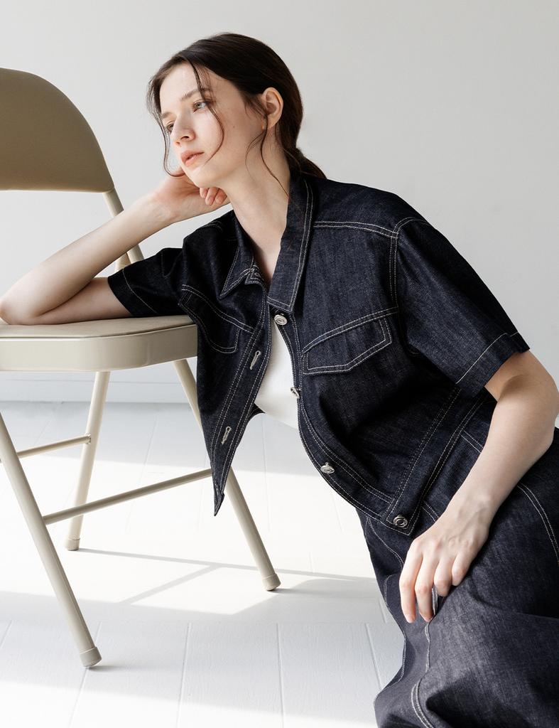 THEELO Denim Cropped Jacket (Dark Blue)