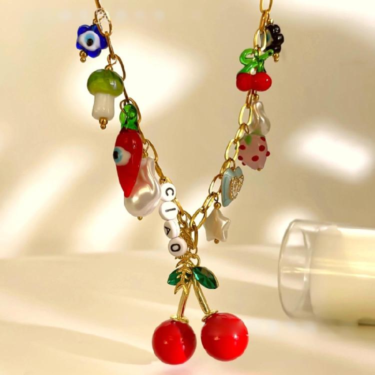 Whimsical Cherry Charm Necklace Dopamine Style Jewelry Sturdy Stainless Steel Chain For Everyday