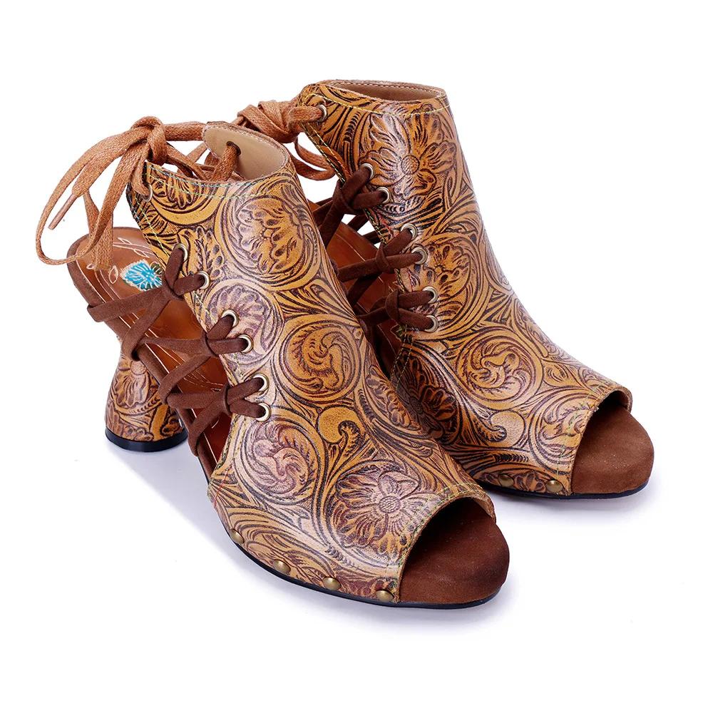 Fashion High Brand 7.7CM Sheepskin Leather Woman Ethnic Summer Chunky Heels Big Size Peep Toe Pumps Cross-tied Sandals Moccasins Shoes