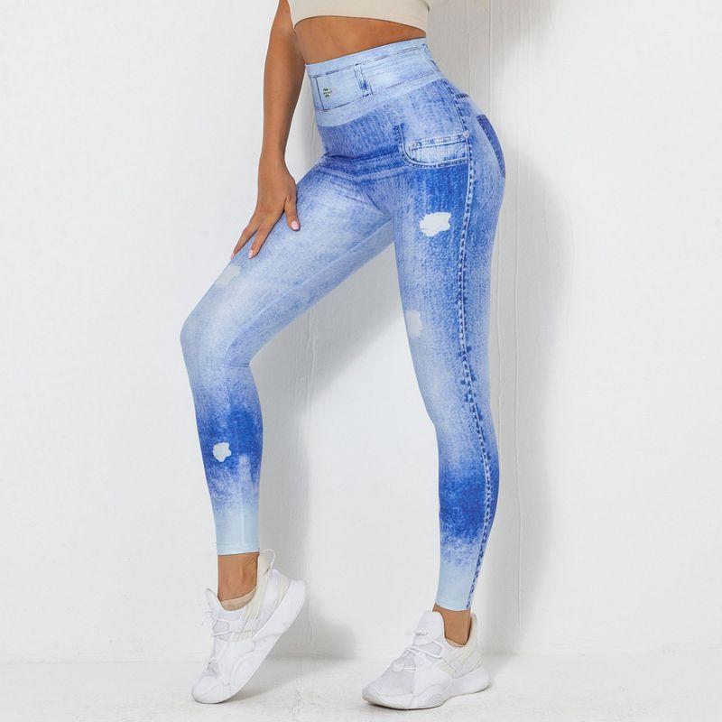 Cross-Border Fashion Digital Print Denim Blue Tight High Elastic Quick-Drying Yoga Pants Sports Running Slim Fit Fitness Pants Women