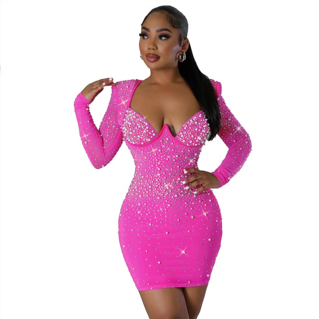 Rochie elegantă, slim fit, cu mânecă lungă și imprimeu de diamante K2926