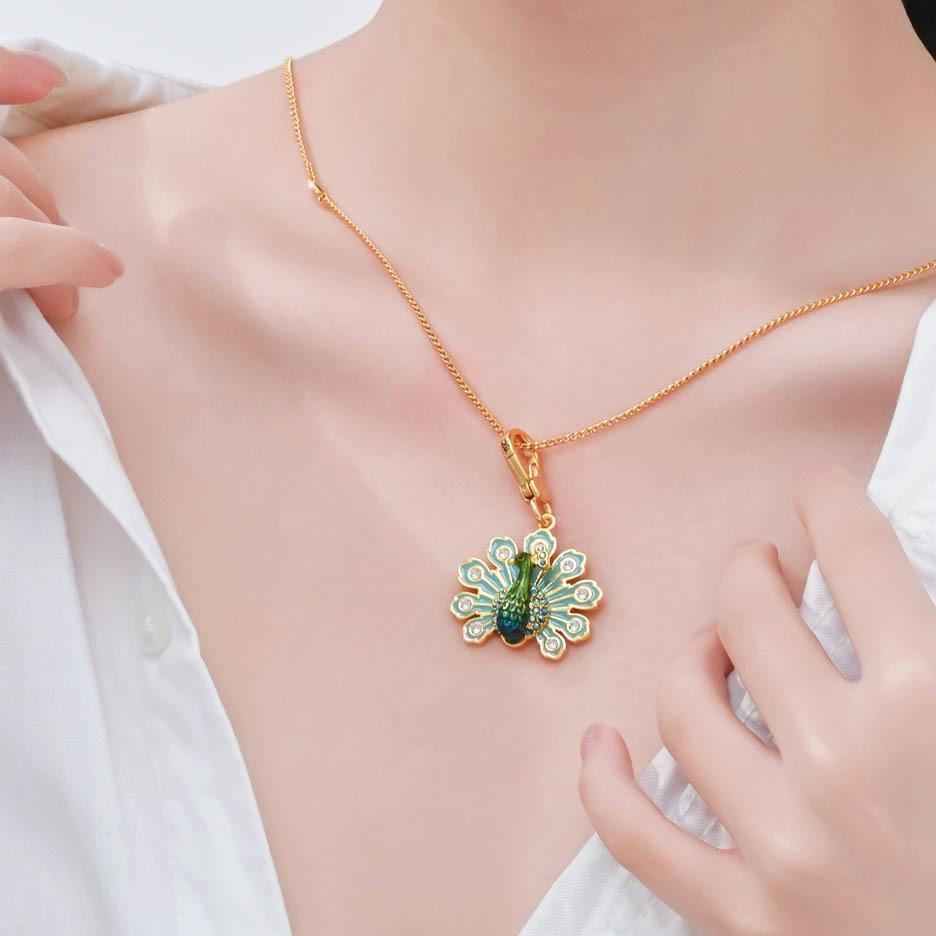 Ethnic Style Peacock Pendant Necklace with Enamel and Diamond-Inlaid Feathers