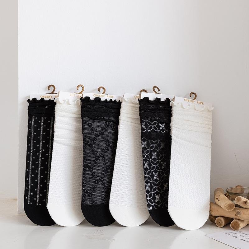 Polka Dot Socks for Women Summer Black Fungus Fringed Pile Socks Thin Mesh Mid-calf Socks Japanese-style Lace Socks