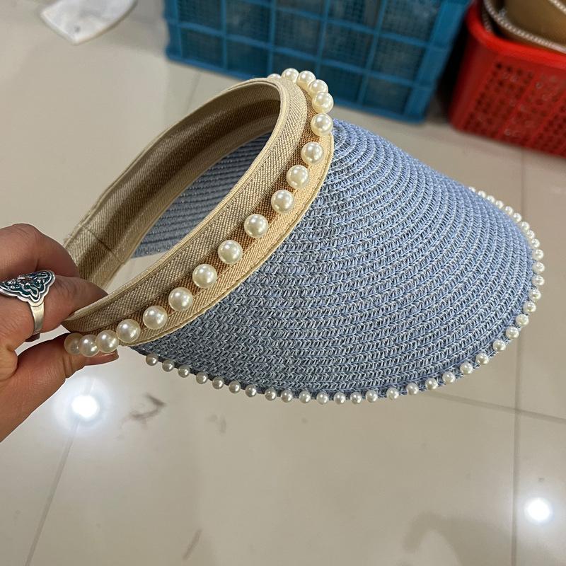 Empty Top Straw Hat Women'S Summer Sun Protection Hat Pearl Headband Hat Outdoor Sports Travel Fashion Sun Hat