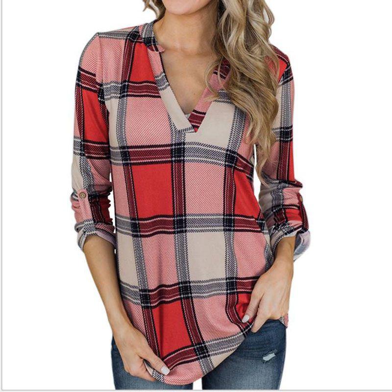 Women Vintage V-neck Loose Tops Long Sleeve Stylish T-shirt With Plaid Casual Design