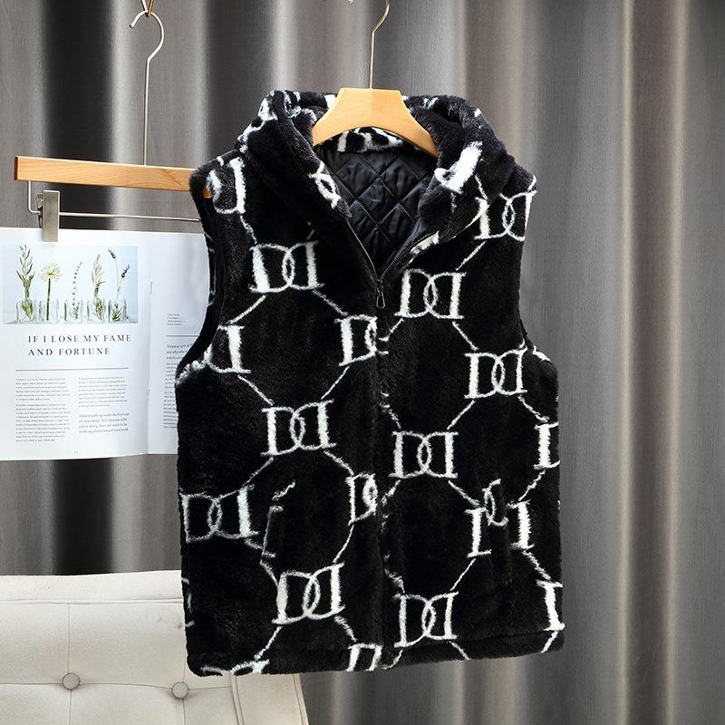 Chessboard plush vest trendy men's winter couple's cotton thickened sleeveless hooded jacket vest student vest