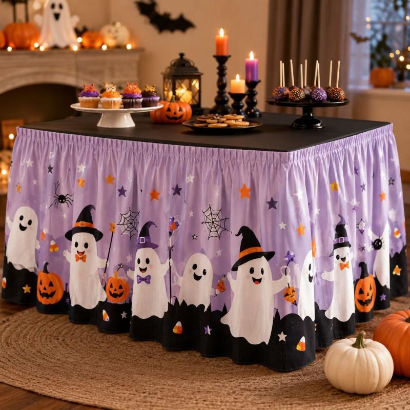 Halloween Table Skirt With Waterproof Dustproof Decor Dining 140-275cm Length