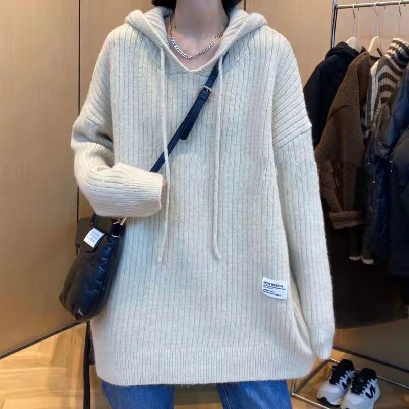 Women's Hooded Sweater Sweatshirt Mid To Long Style Pullover Sweater Knitted Top Autumn and Winter