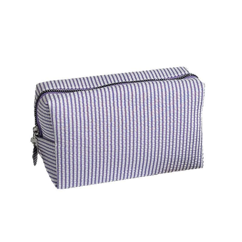 Striped Seersucker Makeup Pouch Large Capacity Durable Zipper Portable Compact Cosmetic Storage Bag for Short Trip Use